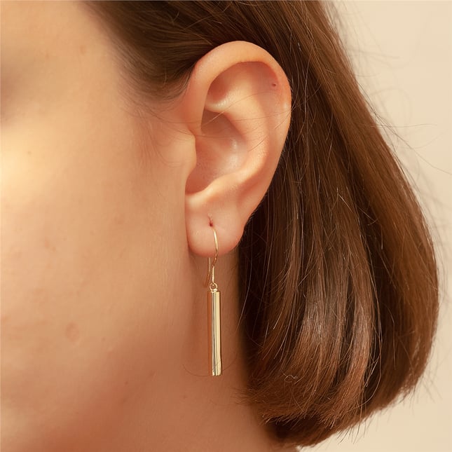 Solid Gold Minimalist Hanging Cylinder Earring