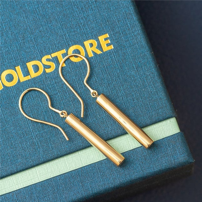 Solid Gold Minimalist Hanging Cylinder Earring