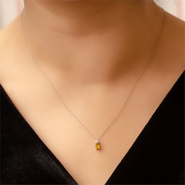 0.04 Ct Diamond Pear Citrine Solid Gold Necklace