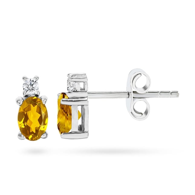 0.08 Ct Diamond Oval Citrine Stud Solid Gold Earring