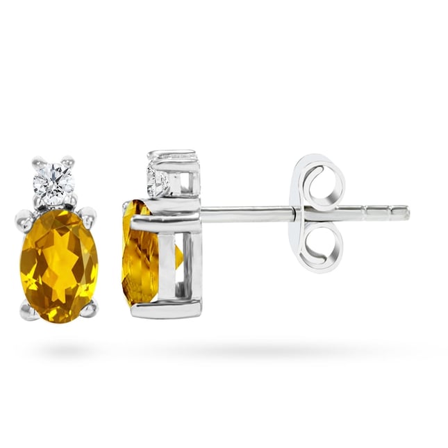 0.10 Ct Diamond Oval Citrine Stud Solid Gold Earring