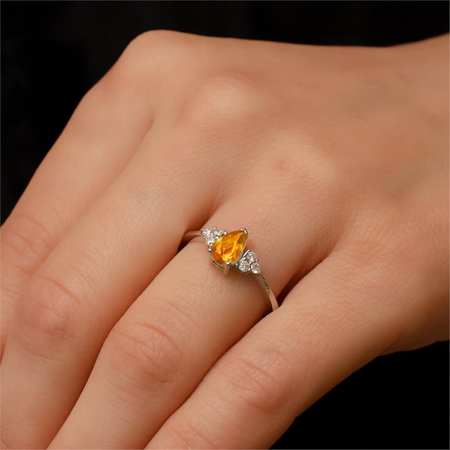 0.12 Ct Diamond Pear Citrine Cluster Solid Gold Ring