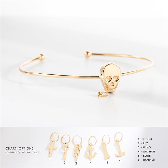 Cremation Skull Initial Solid Gold Bracelet