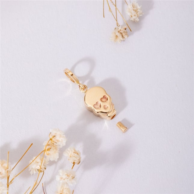 Cremation Heart Skull Solid Gold Necklace