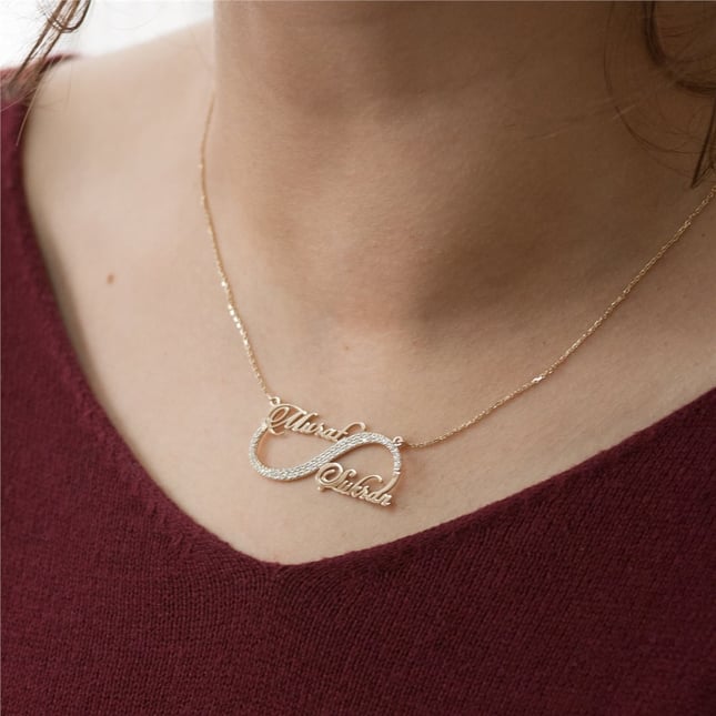 CZ Infinity Initial 2 Name Solid Gold Necklace