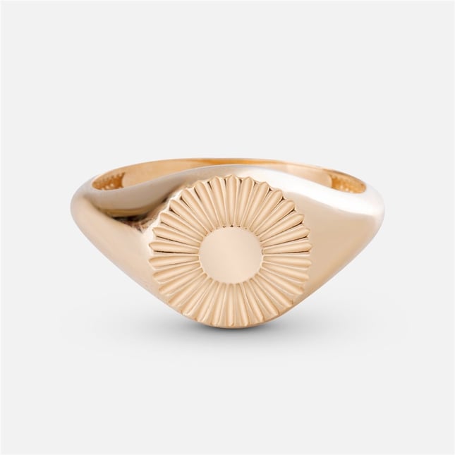 Custom Initial Engraved Sunburst Signet Solid Gold Ring