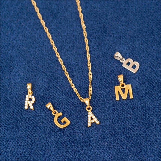 CZ Initial Letter Singapore Chain Twisted Chain Solid Gold Necklace