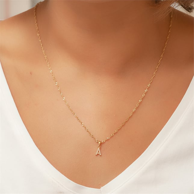CZ Initial Letter Singapore Chain Twisted Chain Solid Gold Necklace