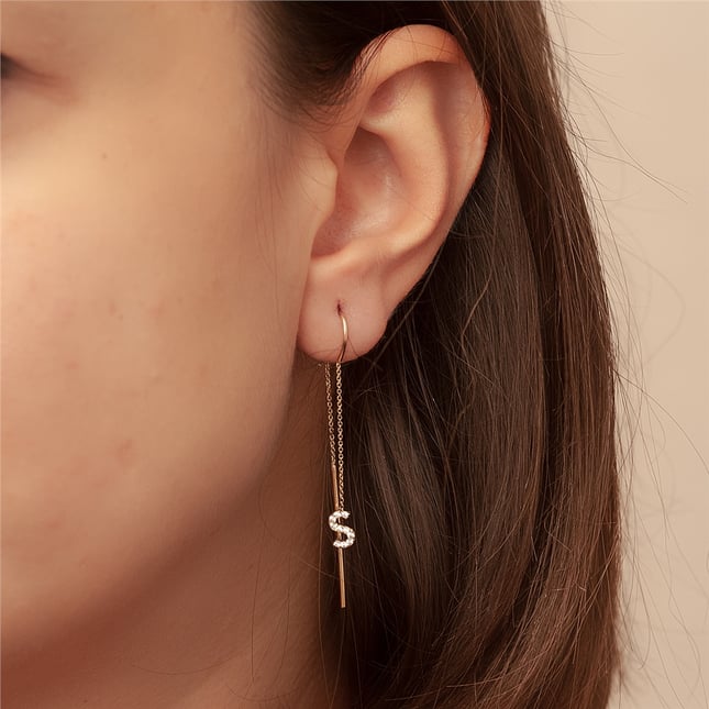 Initial Letter Threader Solid Gold Earring