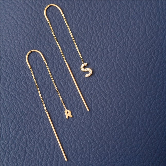 Initial Letter Threader Solid Gold Earring
