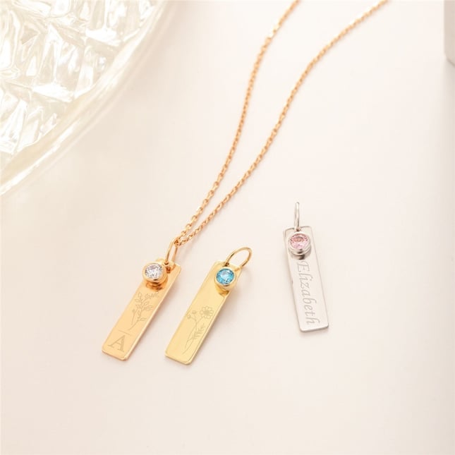Birthstone Charm Personalized Vertical Bar Solid Gold Necklace