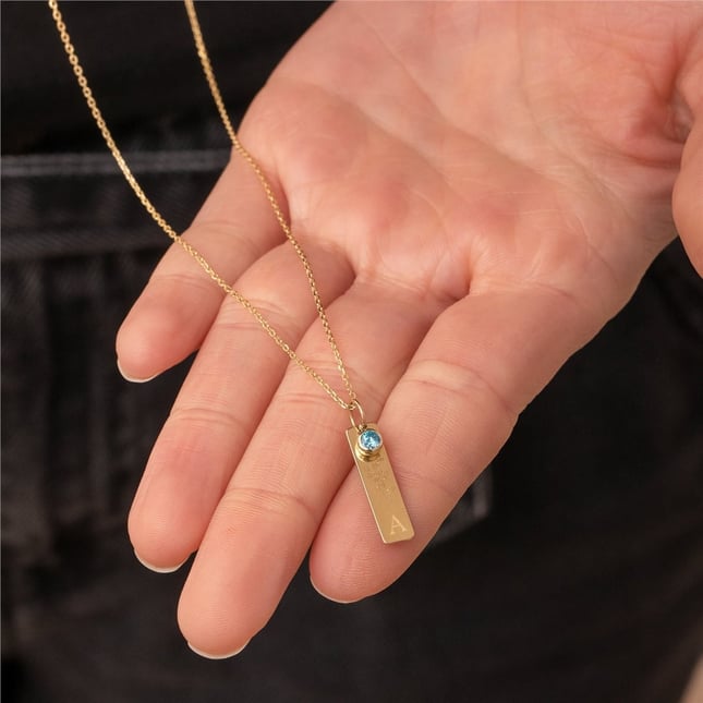 Birthstone Charm Personalized Vertical Bar Solid Gold Necklace