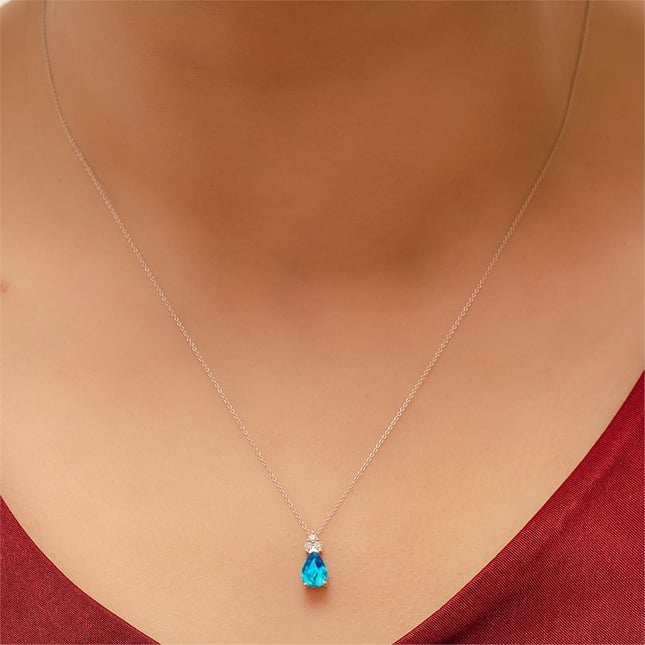 0.06 Ct Diamond Pear Topaz Solid Gold Necklace