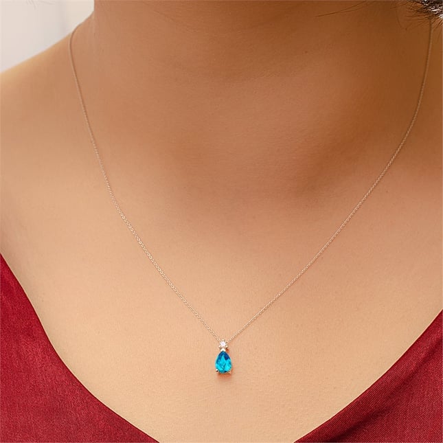 0.06 Ct Diamond Pear Topaz Solid Gold Necklace