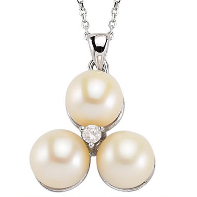 0.06 Ct Diamond Clover 3 Pearl Cluster Solid Gold Necklace