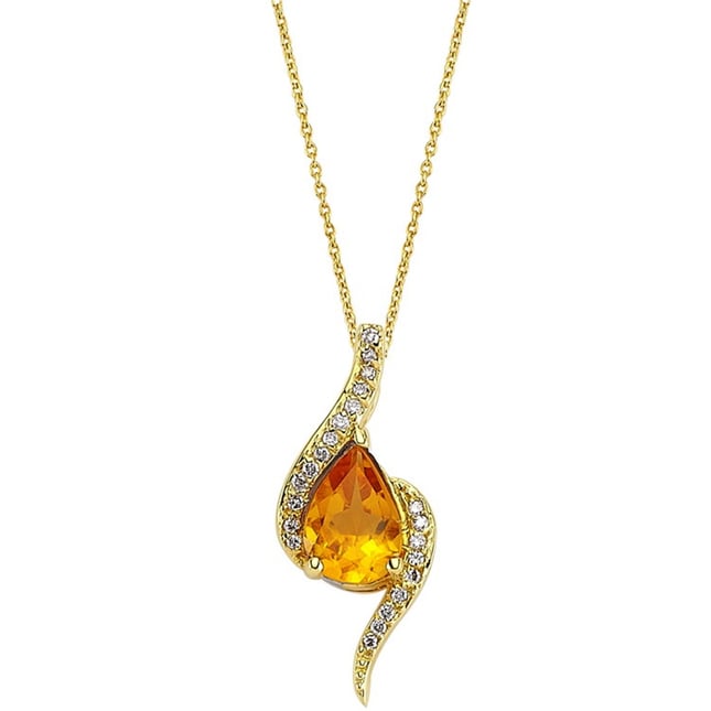0.08 Ct Diamond Pear Citrine Solid Gold Necklace