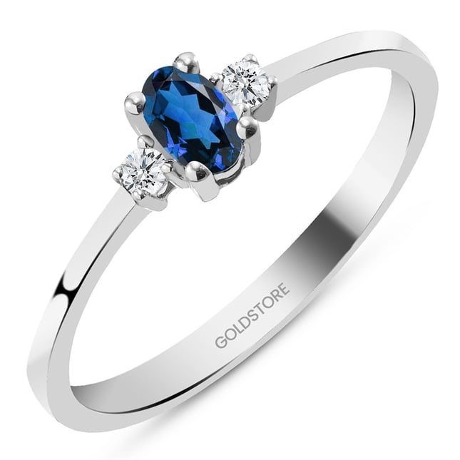 0.08 Karat Pırlanta 3 Taş Oval Safir Altın Yüzük
