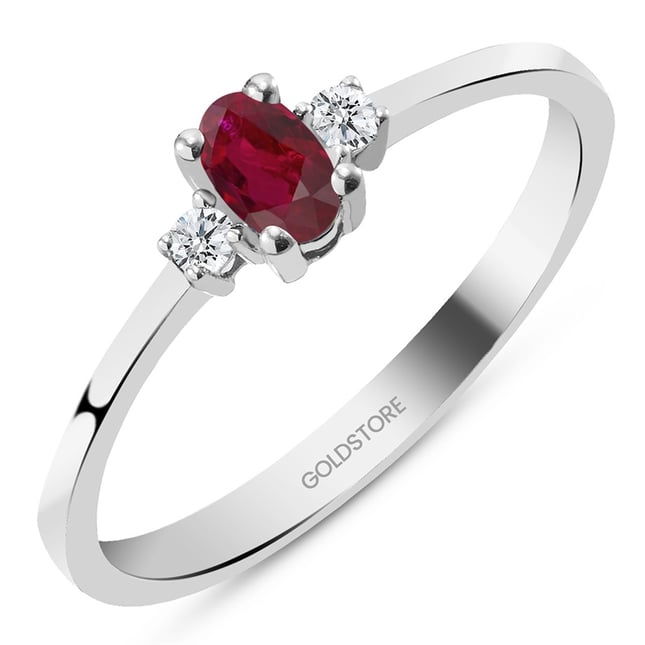 0.08 Ct Diamond 3 Stone Oval Ruby Solid Gold Ring