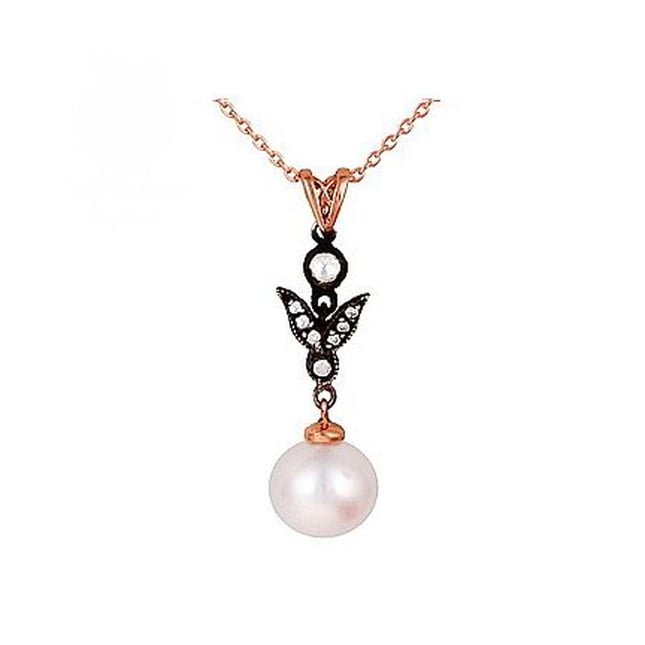 0.09 Ct Diamond Leaf Dangle Pearl Solid Gold Necklace