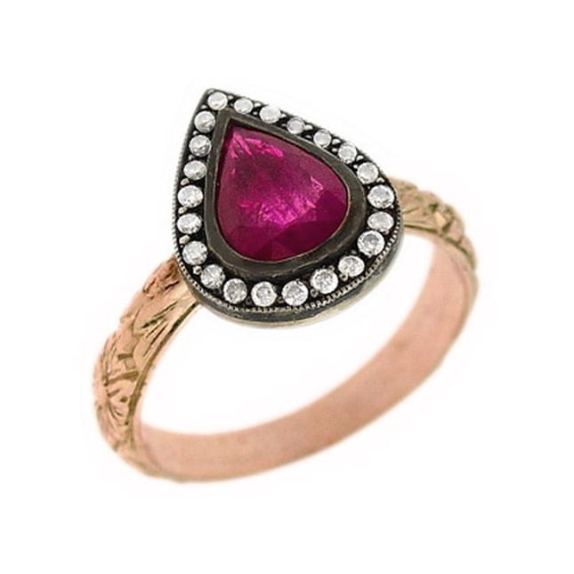 0.12 Ct Diamond Pear Ruby Halo Solid Gold Ring