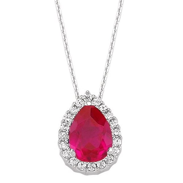 0.14 Ct Diamond Pear Ruby Halo Solid Gold Necklace