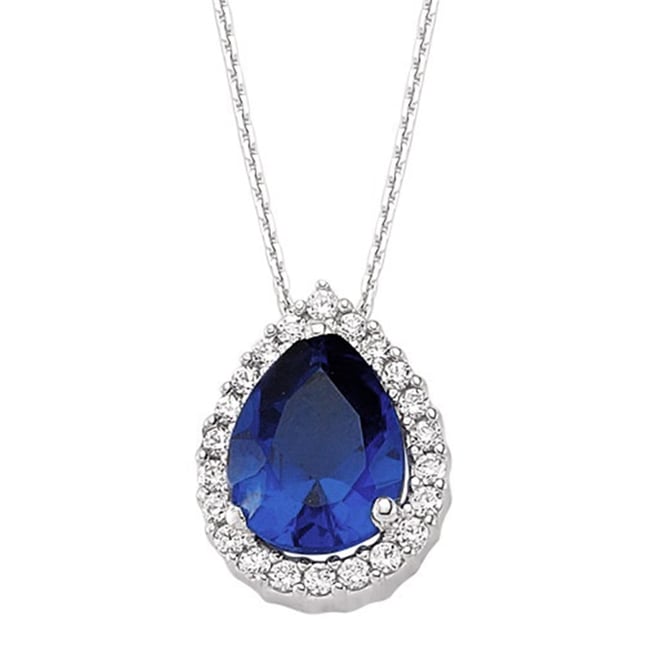 0.16 Ct Diamond Pear Sapphire Halo Solid Gold Necklace