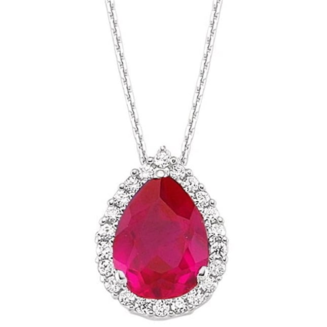 0.16 Ct Diamond Pear Ruby Halo Solid Gold Necklace