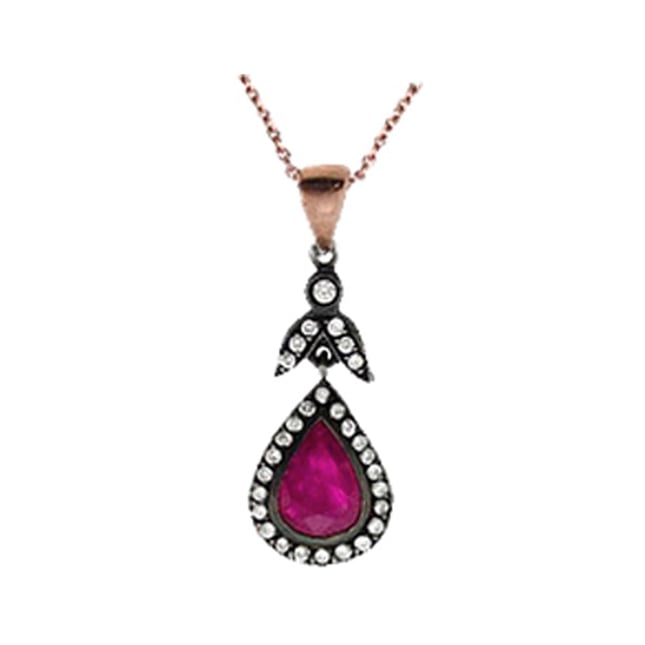 0.18 Ct Diamond Pear Ruby Leaf Halo Solid Gold Necklace