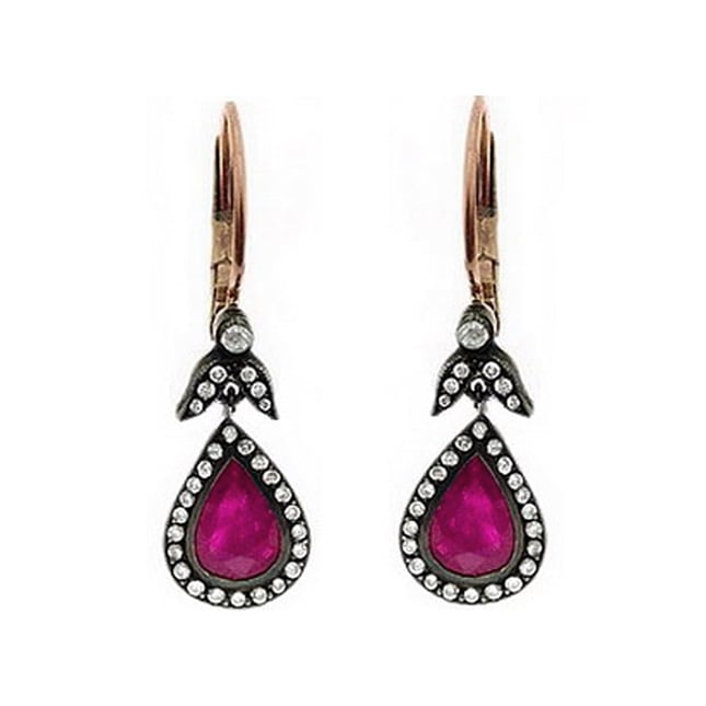 0.36 Ct Diamond Ruby Leaf Victorian Halo Solid Gold Earring