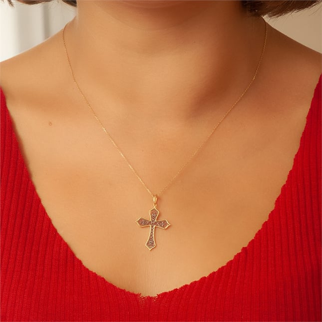 Filigree Cross Gothic Solid Gold Necklace