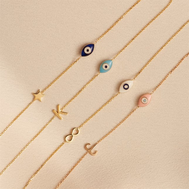Marquise Turquoise Evil Eye Star Infinity Initial Letter Solid Gold Necklace