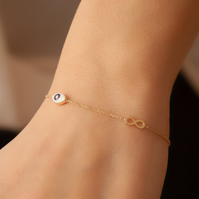 Enamel Evil Eye & Infinity Solid Gold Bracelet
