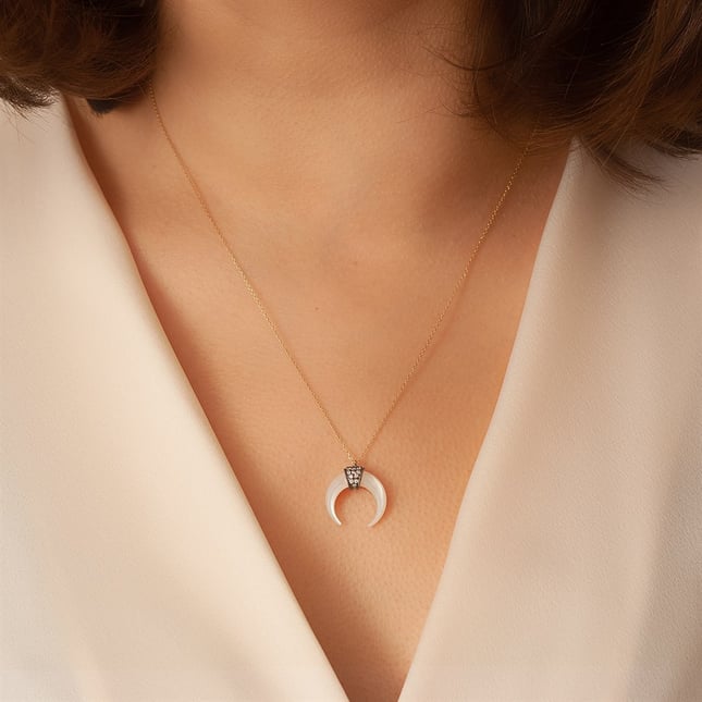 Mother of Pearl Crescent Moon Solid Gold Necklace