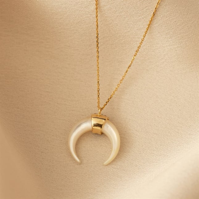 Mother of Pearl Crescent Moon Solid Gold Necklace