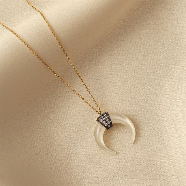 Mother of Pearl Crescent Moon Solid Gold Necklace