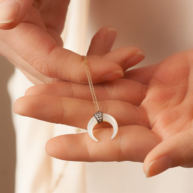 Mother of Pearl Crescent Moon Solid Gold Necklace