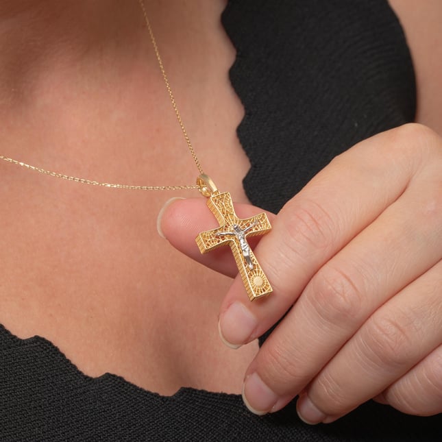 Two-Tone Crucifix Solid Gold Necklace 