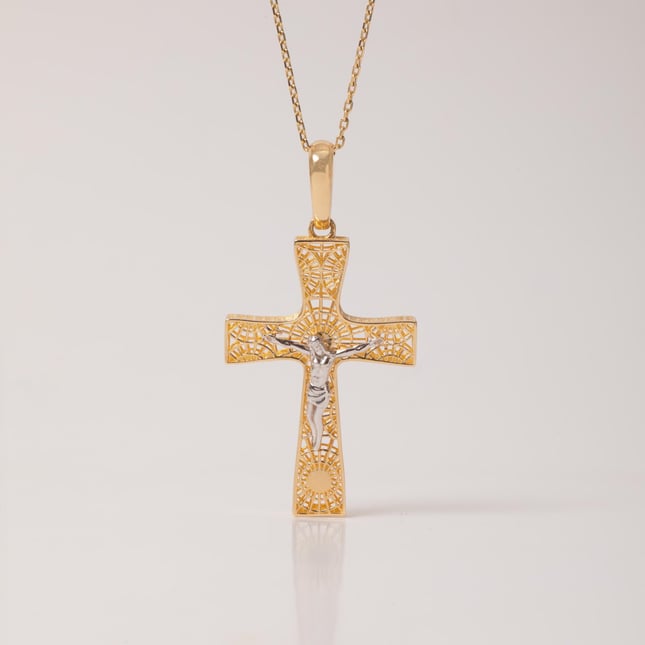 Two-Tone Crucifix Solid Gold Necklace 