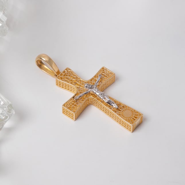 Two-Tone Crucifix Solid Gold Necklace 