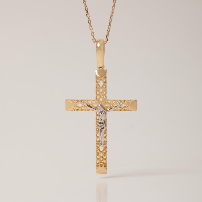 Two-Tone Ornate Solid Gold Cross Necklace