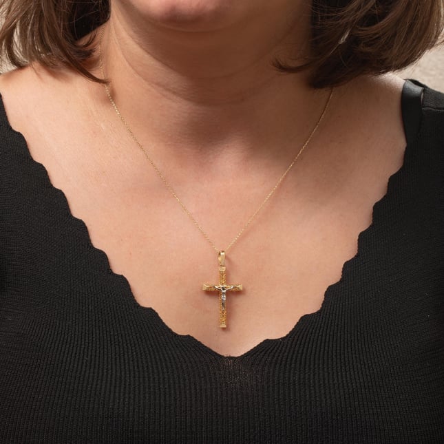Two-Tone Ornate Solid Gold Cross Necklace