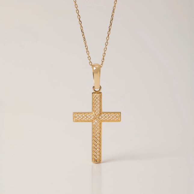 Detailed Openwork Solid Gold Cross Necklace