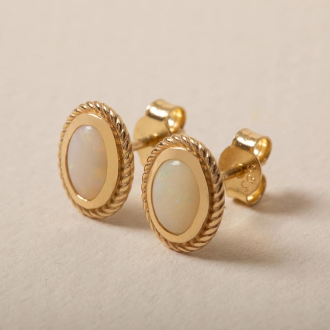 Minimalist Oval Opal Solid Gold Stud Earrings
