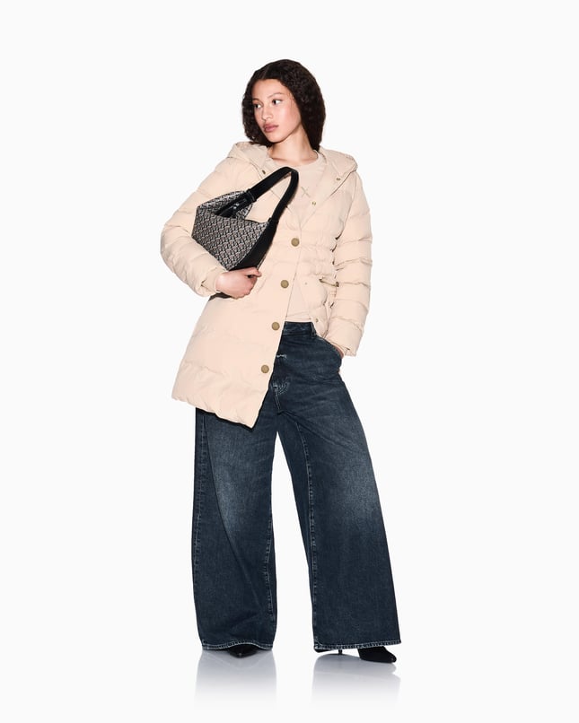 Armani Exchange Kadın Elastik Manşetler Uzun Kol Kapüşon Yaka Cepli Ekru Kaban XW000652 AF15984-U1051