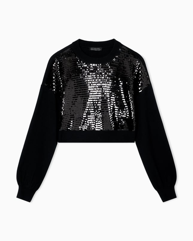Armani Exchange Kadın Normal Kalıp Önü Pul Payet Desenli Yuvarlak Yaka Uzun Kollu Siyah Kazak XW001326 AF16682-MC117