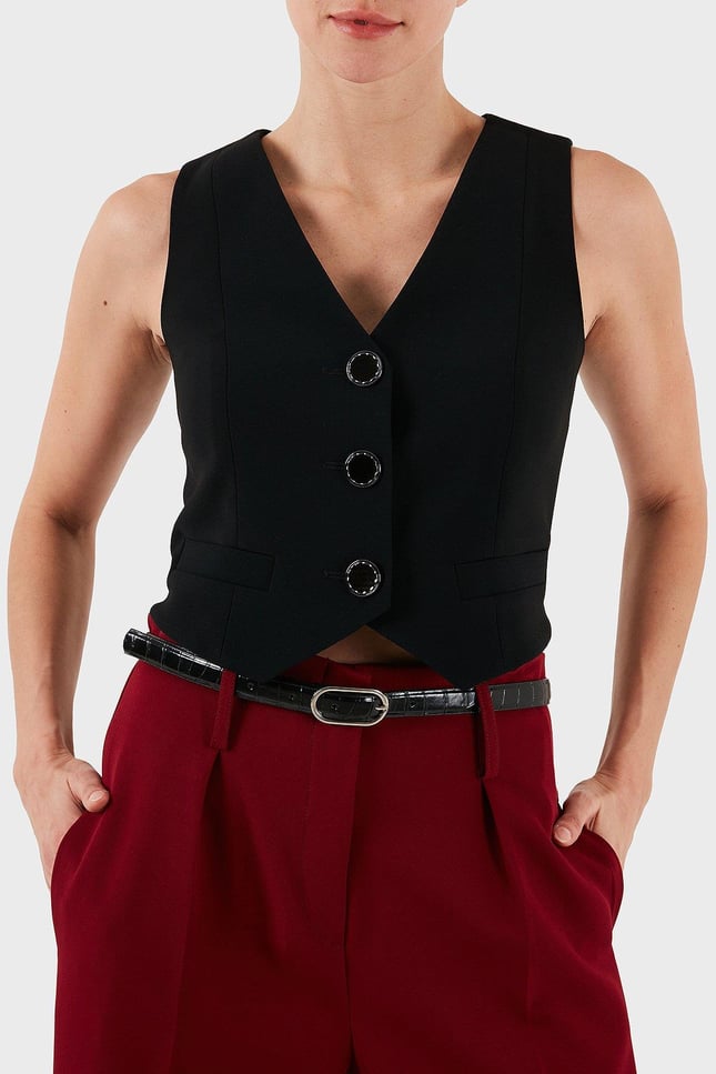 Armani Exchange Armani Exchange Kadın Yüksek Kaliteli Kumaş V Yaka Gold Düğme Detaylı Crop Siyah Yelek XW001279 AF16148-UC001