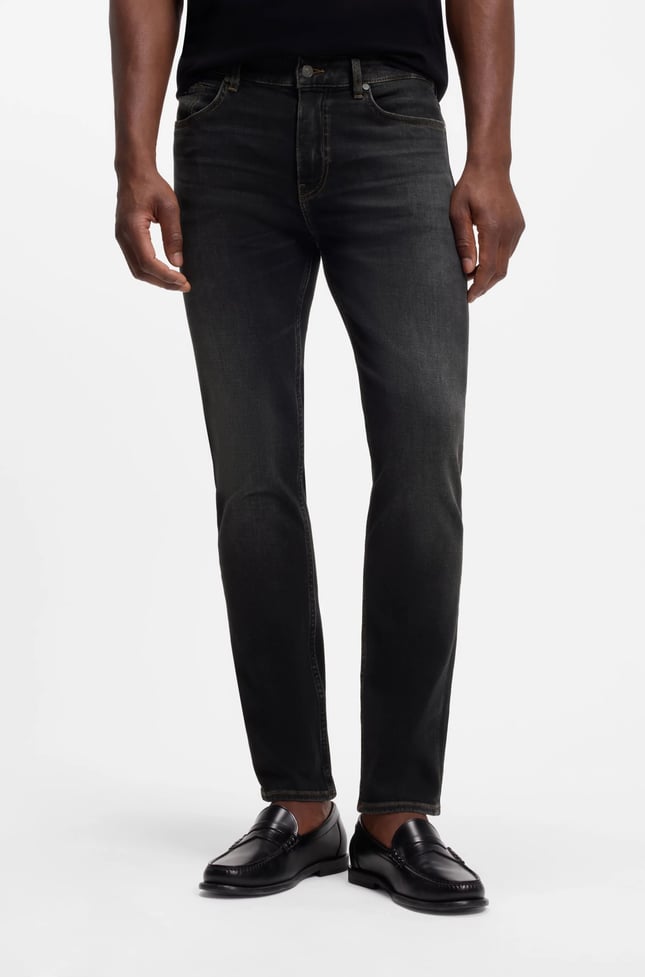 BOSS  BOSS Erkek Dar Kesim Düz Paça Esnek Pamuklu Denim Siyah Jeans 50564384-009