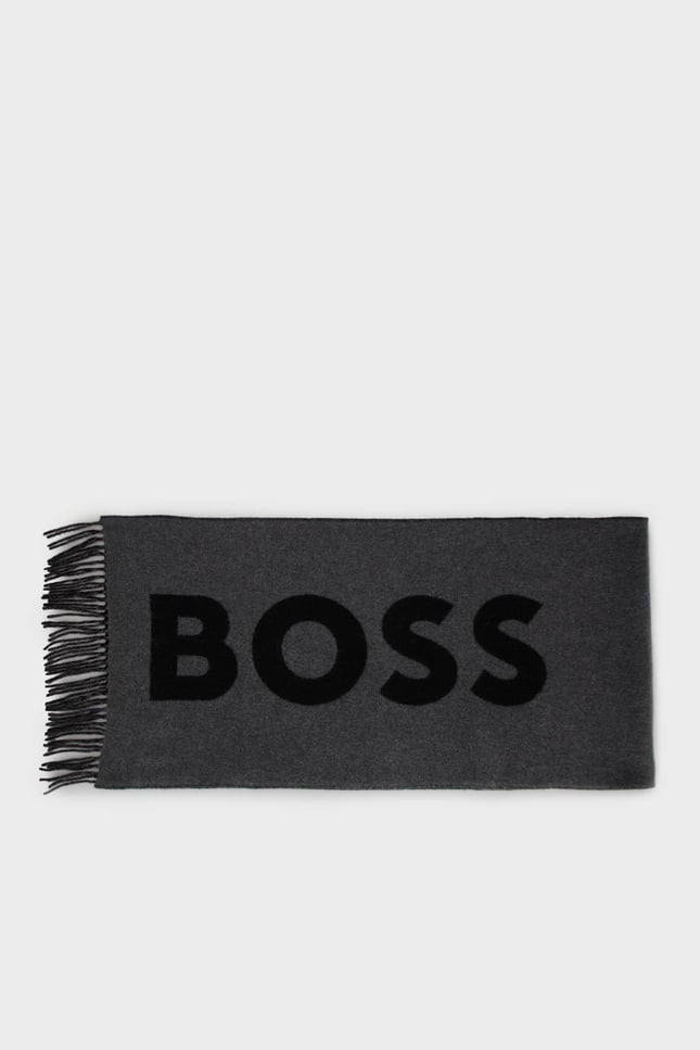 BOSS Erkek Monogram Logo Desenli Kontrast Püsküllü Gri Şal & Eşarp & Fular 50527099-032