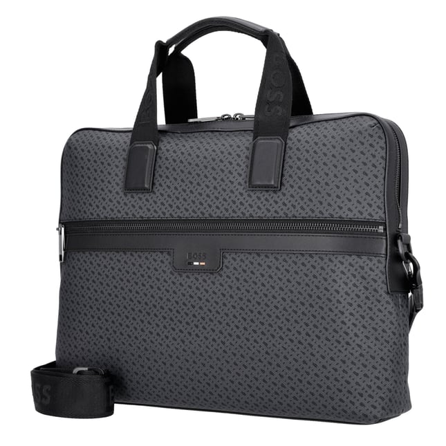 BOSS Erkek Monogram Logolu Fermuarlı İç Cepli Çıkarılabilir Uzun Askılı Gri Laptop & Evrak Çantası 50568369-001