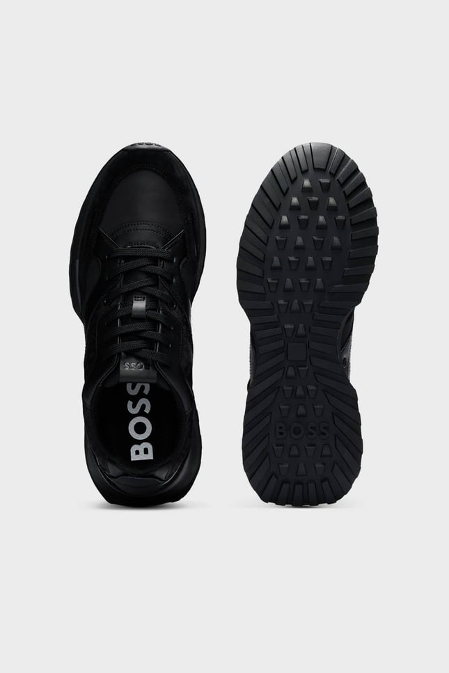 BOSS Erkek Rahat Kalın EVA Dış Taban Monogram Logolu File Ve Deri Karışımlı Siyah Sneaker 50536496-005